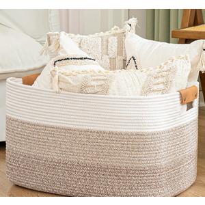 danpinera Blanket Basket, 72L Woven Storage basket with Leather Handle, Eco-friendly Decorative Storage Organization in Bathroom & Living Room for Towels 22 ''*17 ''*11.8 '', Gradient Brown