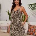 Marvmys Womens Cotton Sleeveless Nightgown Spaghetti Strap V Neck Full Slip Sleep Dress with Pockets (X-Large, Leopard)