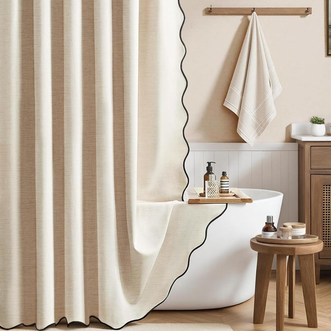 BTTN Beige Scalloped Shower Curtain, Boho Linen Textured Heavy Duty Shower Curtain Set with 12 Plastic Hooks, Elegant Decorative Waterproof Fabric Shower Curtains for Bathroom - 72x72 - Cream