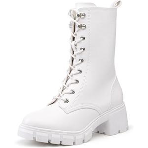 IDIFU IN3 Platform Combat Boots for Women Mid Calf Lace Up Boots Lug Sole Low Chunky Block Heel Boots Closed Round Toe Side Zipper Booties Fashion Thick Fall Heeled Boots-LOOSEN ALL LACES FIRSTLY (7, White Pu)