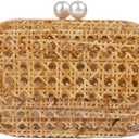 Women Acrylic Rattan Clutch Purse Rattan Woven Evening Bag Wedding Party Purse Summer Beach Wicker Shoulder Handbag