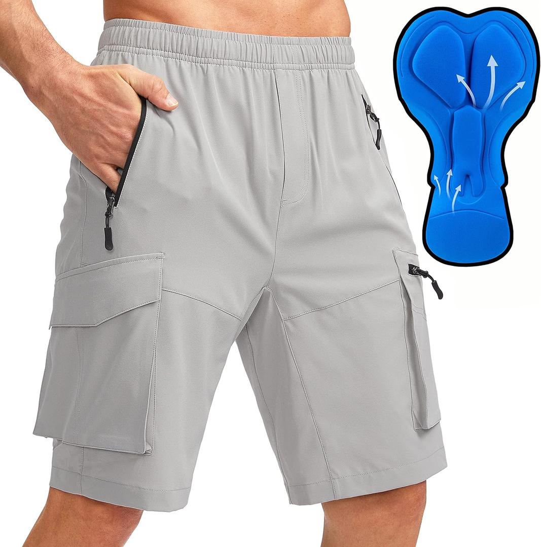 Bikewa Men's Mountain Bike Shorts 3D Padded Loose-fit Biking Riding Cycling Bicycle Biker Shorts Zipper Pockets (X-Large, Light Grey)