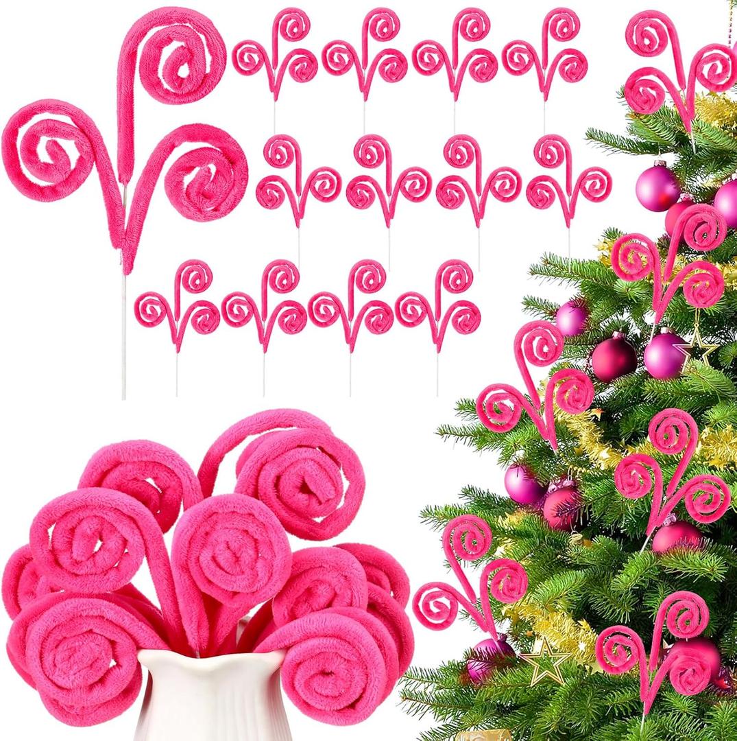 12 Pcs Curly Christmas Tree Picks Velvet Curl Decoration Spiral Curly Tree Topper Ornaments DIY Crafts for Wreath Fireplaces Vase Filler Holiday Ornament, 12 Inch(Hot Pink)
