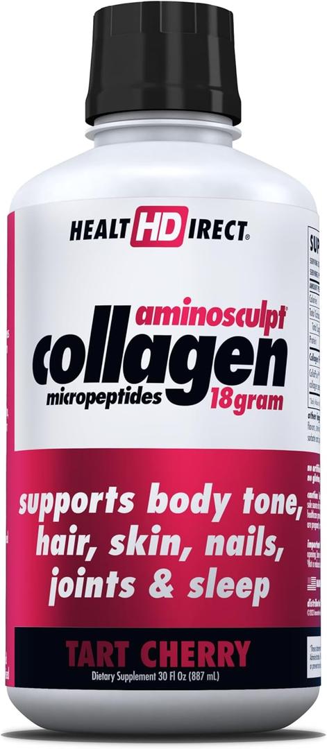 HEALTH DIRECT AminoSculpt Sugar-Free Collagen Supplement - High Potency Medical-Grade Protein for Hair, Skin, Nails & Joints, Grass-Fed, Non-GMO, Liquid Collagen - Tart Cherry - 30 Fl Oz, EXP: 03/27/2027