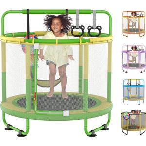 60" Trampoline for Kids, 5ft Toddler Mini 6-in-1 Trampoline Indoor Outdoor with Swing, Basketball Hoop, Dart Board, Rings, Christmas Toys Birthday Gifts for Girls Boys(Green&Yellow)
