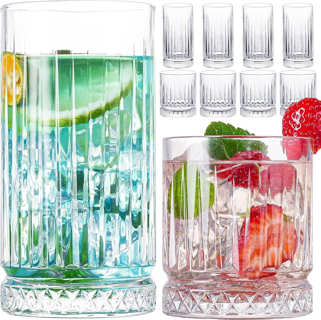 Crystal Drinking Glasses, Set of 8 Durable Glass Cups-4 Highball Glasses 15oz & 4 Rocks Glasses 12oz, Mojito Cups, Cocktail Glass, Bar Glassware Set for Cocktail, Beer, Whiskey