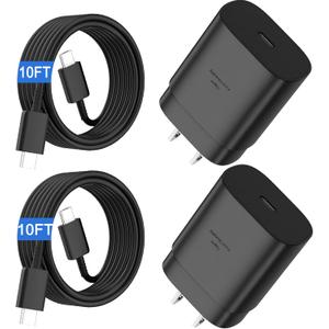 USB C Fast Charger,25W Android Phone Charger for Samsung Super Fast Charger Type C Charger Cord & 10 Ft USB C Cable Fast Charging for Samsung Galaxy S25/S24/S23/S22/S21/S20/Plus/Ultra,2 Pack