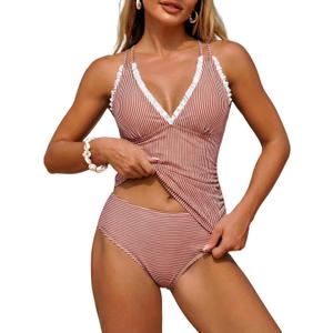 ZAFUL Womens Tankini Swimsuits Smocked 2 Piece Bathing Suits Modest Tie Back Swimwear, Medium