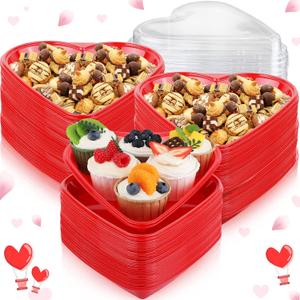 Valentine's Heart Shaped Serving Tray Platter Plastic Red Heart Disposable Plates Valentines Day Dessert Plates Snack Tray with Clear Lids for Valentine Birthday Party Table Decoration Dinner (25 Set)