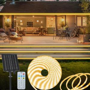 ZAIYW 32.8ft Solar LED Strip Lights Outdoor, IP68 Fully Waterproof Strip Lights with Timer Remote Dim, Self-Adhesive Cuttable Light Strip for Fence Yard Garden Decor (Warm White)