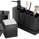 Black Bathroom Accessories Set Resin 6PCS, Square Toothbrush Holders Set Complete with Soap Dispenser, Vanity Tray, Tumbler, Cups and Cotton Swab Jars for Counter, Sink or Small Spaces