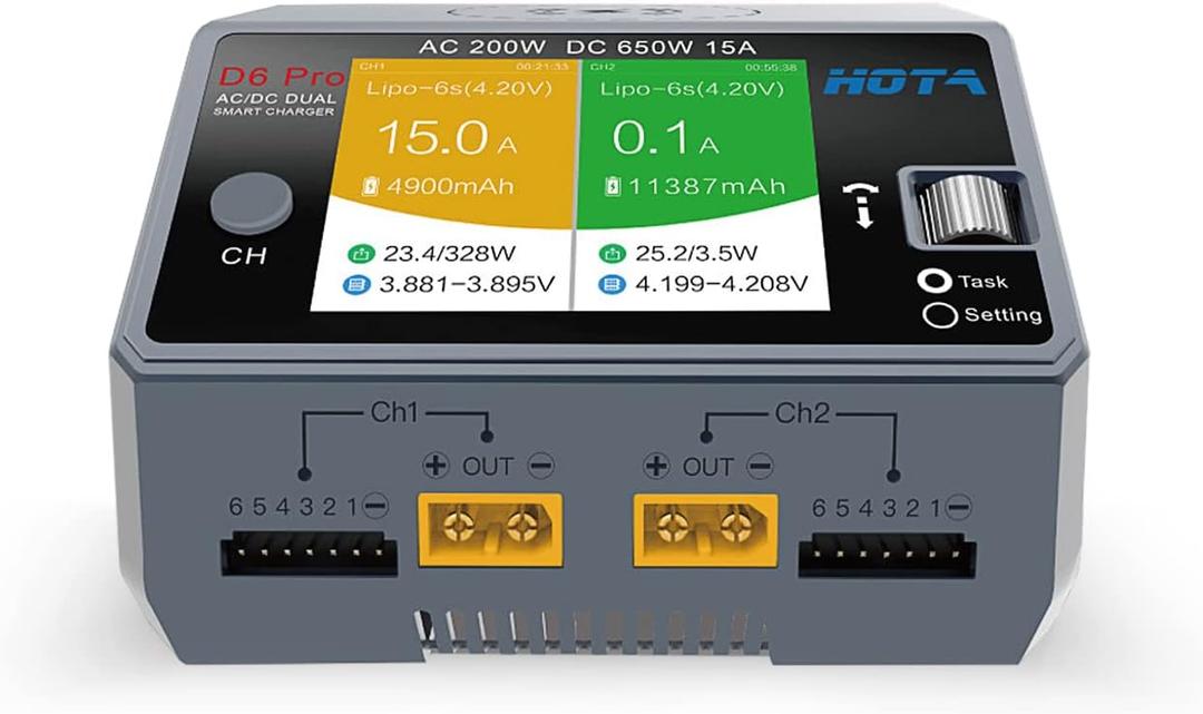 HOTA D6 Pro Balance Charger: Dual Ports Smart Charger with Phone Wireless Charging for Lipo Battery Li-ion LiHv Nicd NiMH Batttery RC Car Drone Support AC/DC Input Gray