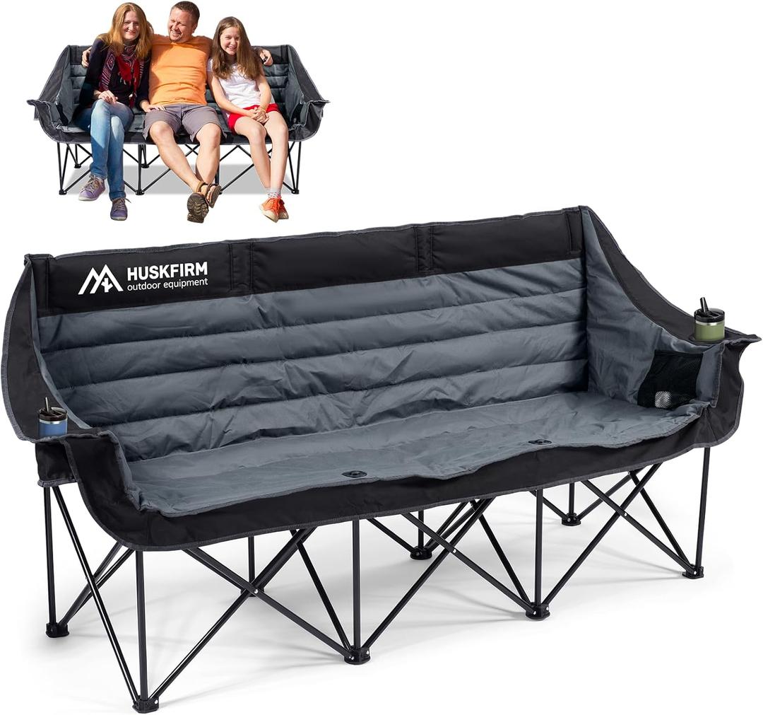 Huskfirm 3 Person Camping Chairs Folding Double Camping Chair Portable Oversized Loveseat Padded Camp Chair Heavy Duty Camping Couch for Adults Outdoor Lawn with Two Cup Holders and Carry Bag