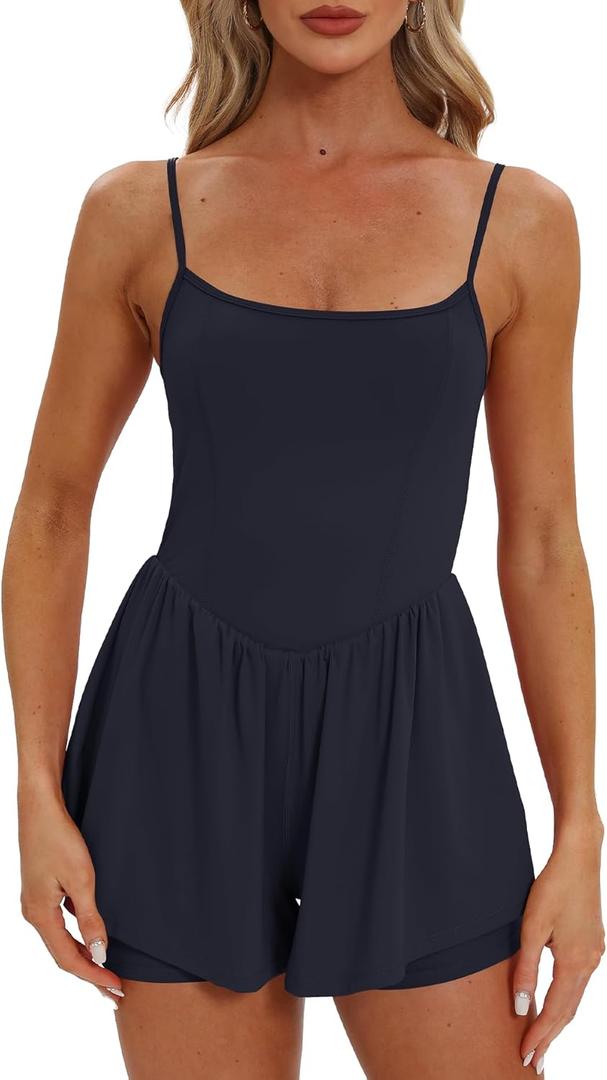 Beaully Women's Summer Sleeveless Athletic Rompers Spaghetti Strap Double Lined Shorts Jumpsuit One Piece Outfits (Blue, S)