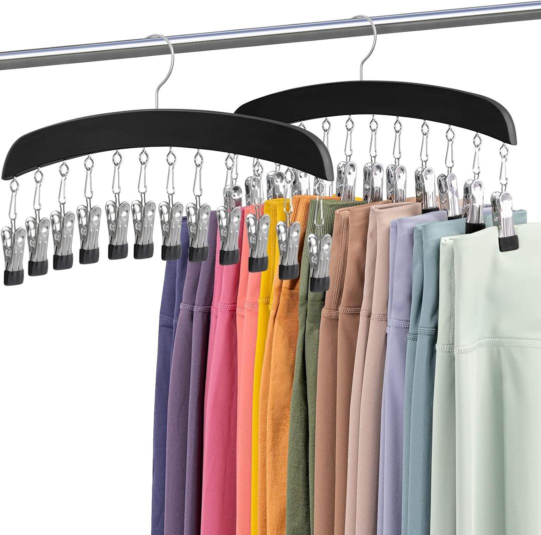 MEILIDY Leggings Hangers, Wooden Closet Hanging Leggings Storage Organizer Scarf Hangers with 24 Clips, 360 Swivel Hook, Black, 2 Pcs