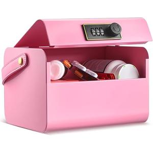 Honeydak Locked Medicine Box for Medication Safe Lockable Metal Storage Box Fridge Snacks Food Phone Container with Combination Code for Personal Private Items Home Dorms Office Organization(Pink)
