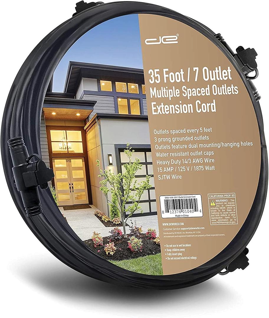 35 FT Evenly Spaced Multiple Outlet 14/3 Extension Cord, Outdoor/Indoor - 7 Outlets Every 5 Feet, Christmas Lighting, Holiday Decorations, Uplighting, Stage Backlines