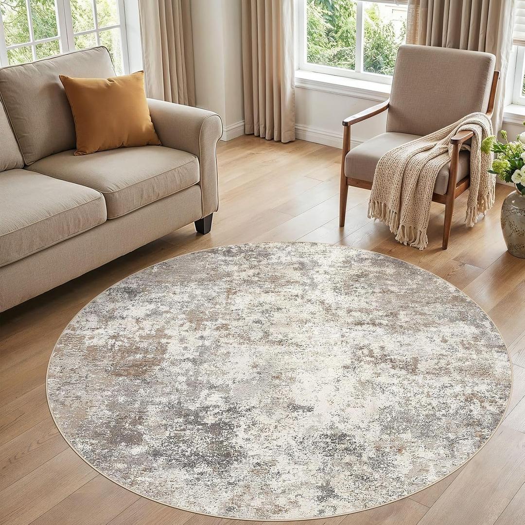 UERMEI 6ft Round Area Rug Living Room Rugs - 6x6 Washable Neutral Modern Abstract Soft Thin Rug Indoor Floor No Slip Rug Carpet for Bedroom Under Dining Table Home Office Decor - Brown Grey