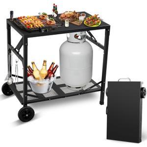 Grill Cart Outdoor with Wheels - Foldable Pizza Oven Stand Table, Portable Dining Cart Table for Outdoor, BBQ, Indoor, Kitchen(Black with Silver Handle)