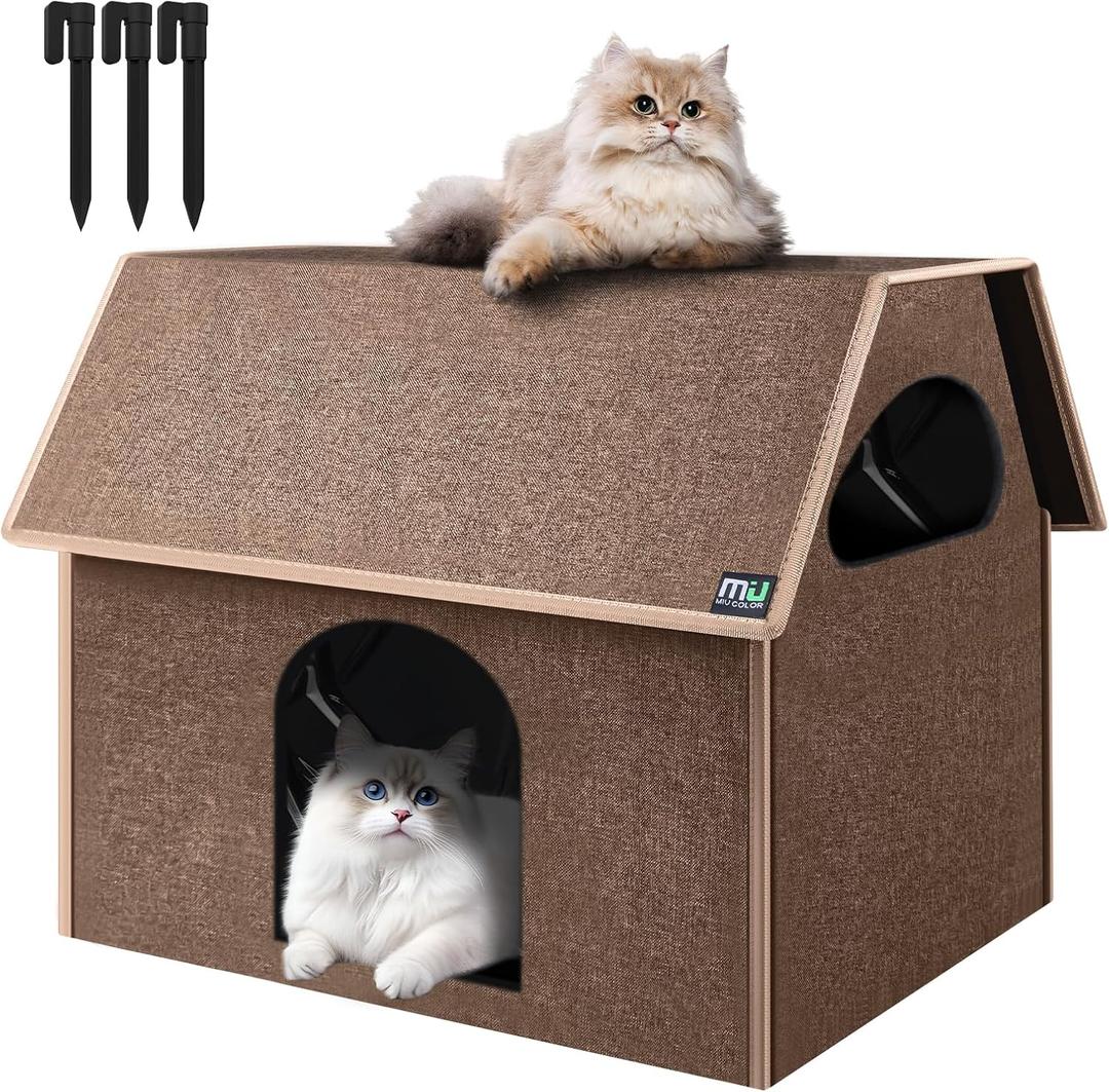  Outdoor Cat House, Extra Large Weatherproof Cat Houses for Outdoor/ Indoor Cats, Warm Feral Cat Shelter with Removable Soft Mat, 3 Windproof Ropes, Big Cat Bed, 20.5" x 17.5" x 16.6" (Brown)