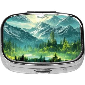 2 x Square Pill Case Small Pill Box with Mirror Pocket 2 Compartment Vitamin Pill Medicine Case Organizer Pill Containers for Traveling Coniferous Forest Mountain Range