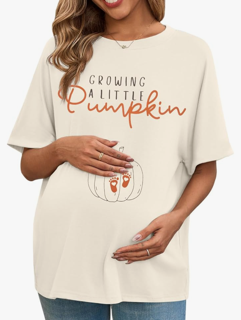 Women's Maternity Shirt Thanksgiving Growing a Little Pumpkin T Shirt Fall Pumpkins Graphic Pregnancy Announcement Tops S, Apricot