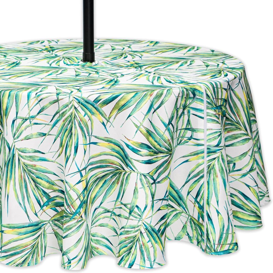 YiHomer Indoor Outdoor Tabletop for Spring Summer Decorations, Picnics and Dinner Parties - Stain and Water Resistant, Palm Leaves Dream, Zipper Tablecloth, 70" Round with Umbrella Hole