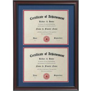 ELSKER&HOME Double Certificate Frame-Cherry Wood Color - 2.0mm Panels-Made for Document&diploma For TWO 8.5x11 Inch with Mat and 14x20 Inch without Mat(Double Mat,Navy with Red Rim)