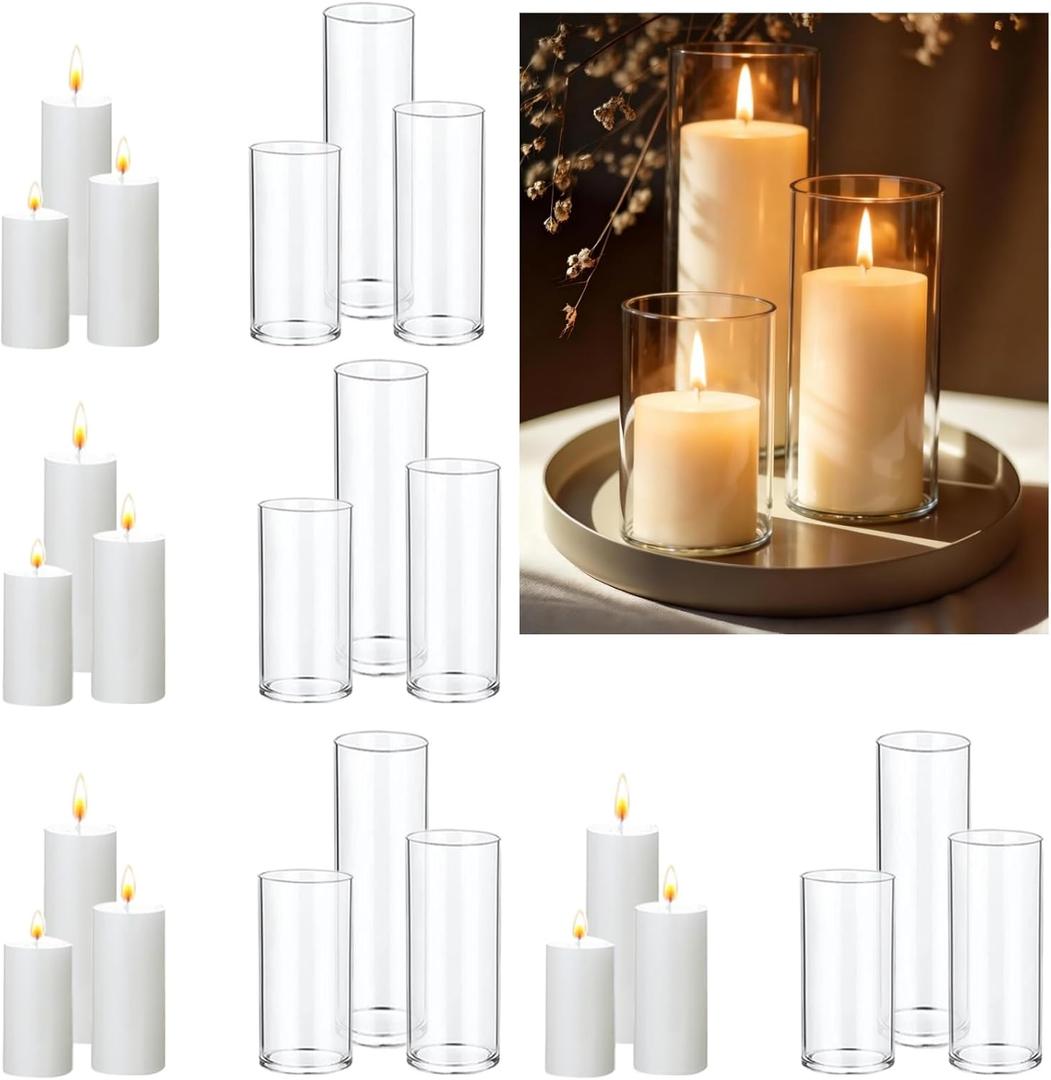 UDU 24 PCS White Pillar Candles with Glass Cylinder Vases Hurricane Glass Candle Holders for Pillar Candles Cylinder Vases for Centerpieces Wedding Table Party Home Decor (2.6" X 4.7", 6", 8")
