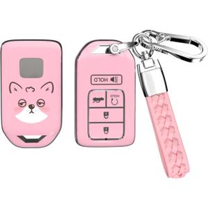 ACEBOY for Honda Key fob Cover with Leather Keychain, Soft TPU Full Cover Protection Key Fob Case for Honda Accord Civic CRV Pilot Odyssey Passport Insight EX (Pink,5 Buttons)