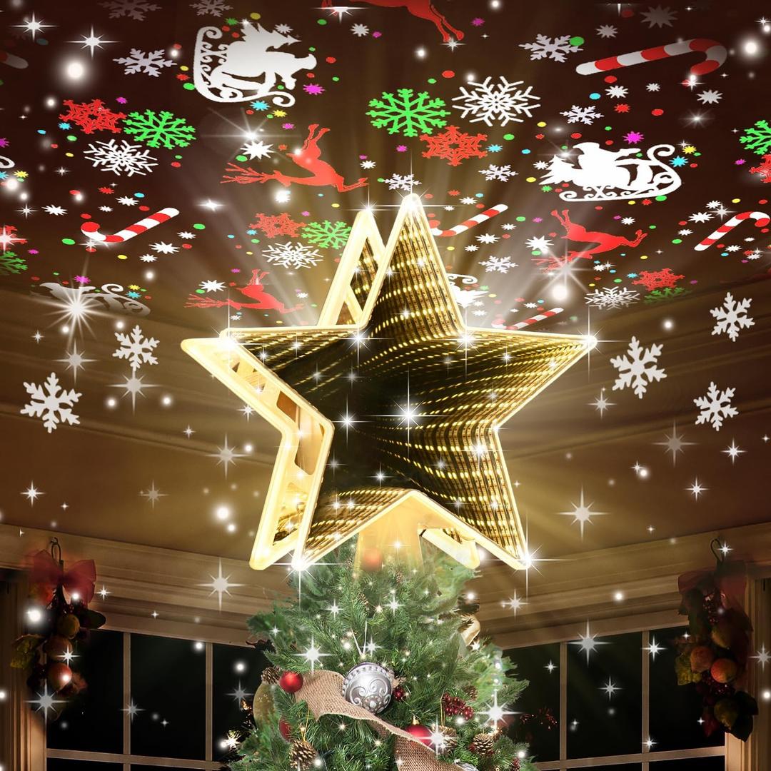 Kesfitt Christmas Tree Topper, Tunnel Mirror Golden Light Star Topper with 6 Projection Modes, Tree Topper Lighted 3D Glitter Dynamic Projection for Xmas Party Holiday