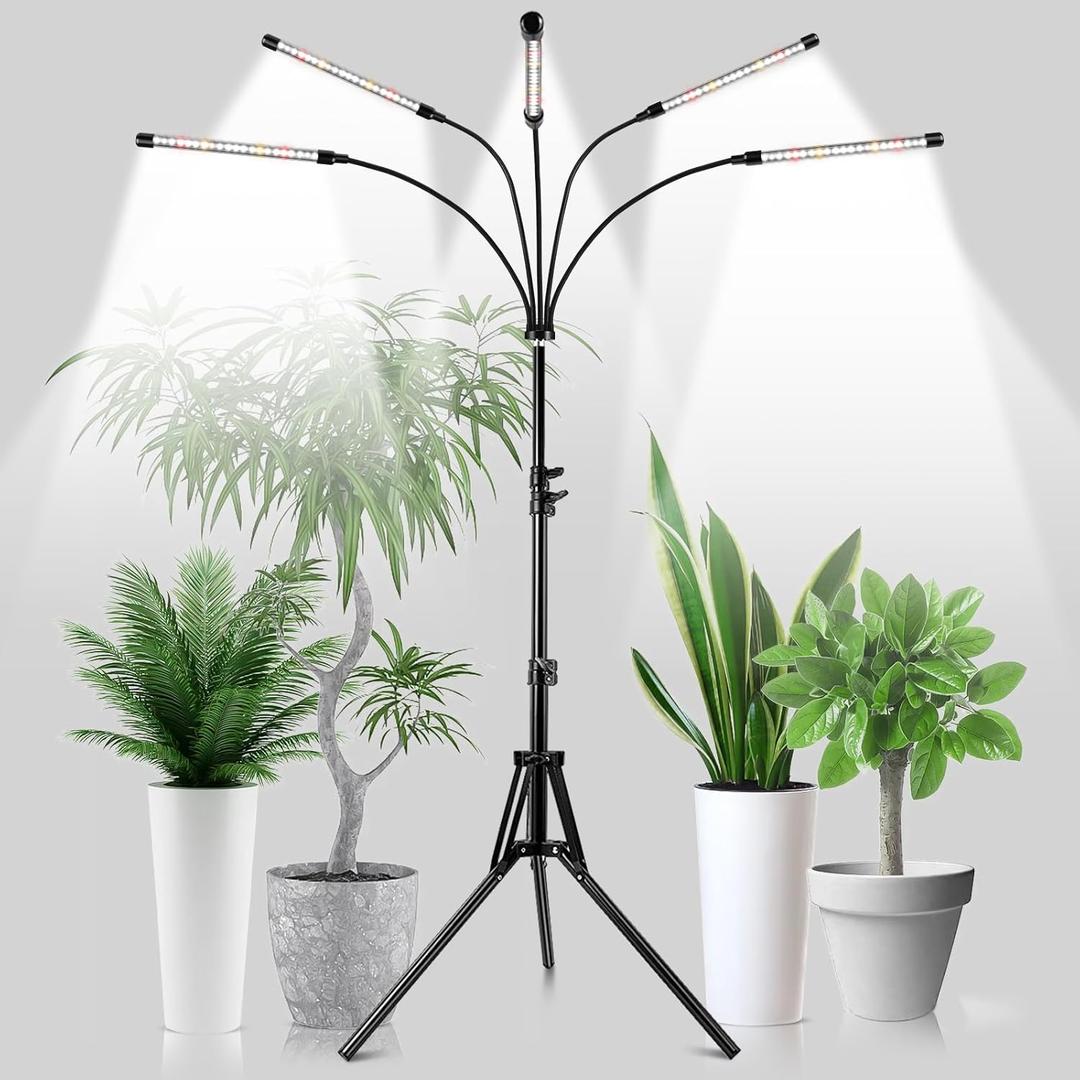 Garpsen Grow Lights for Indoor Plants, 5 Heads Full Spectrum Grow Light with Adjustable Tripod Stand, 100PCS LEDs Plant Light for Indoor Plants with 6/12/16H Timer and 3 Light Modes(No Clip)