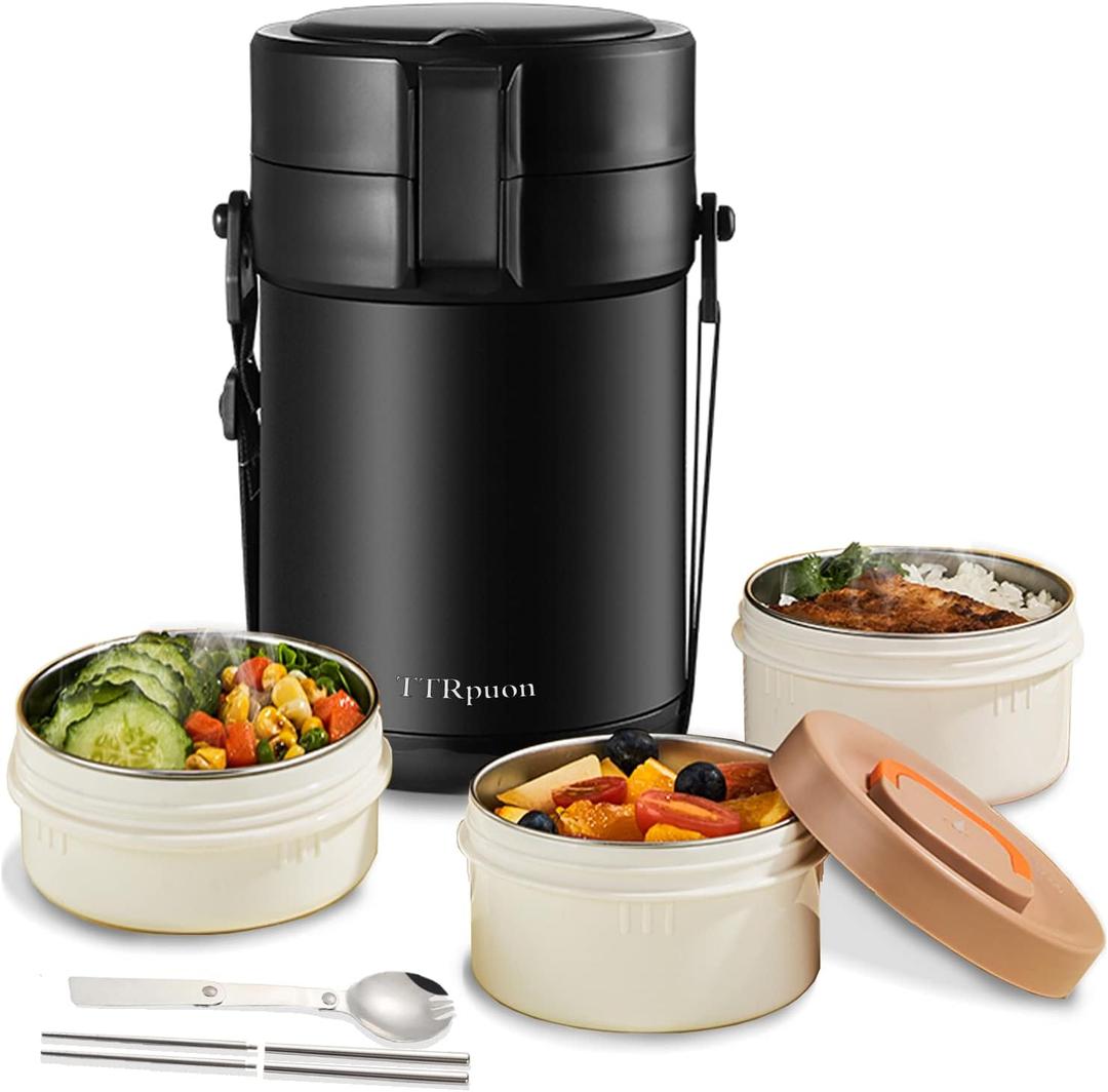82oz Adults Thermo Food Jar For Hot Food 3 Tier Bento/Food Wide Mouth Insulated Stackable Food Containers Hot Cold lunch box for Work Office Outdoors Picnic (BLACK)