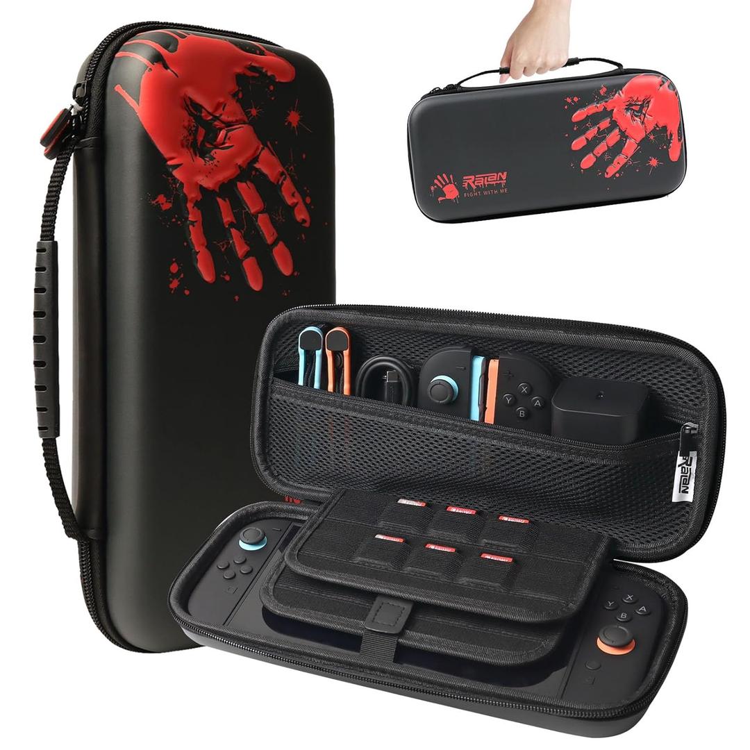 RALAN Black Red Bloody Handprint Carrying Case with 20 Game Card Slots for Nintendo Switch 2 (2025) 7.9 Inch - Protective Hard Shell, Portable, Durable, and Spacious Travel Case with Large Capacity