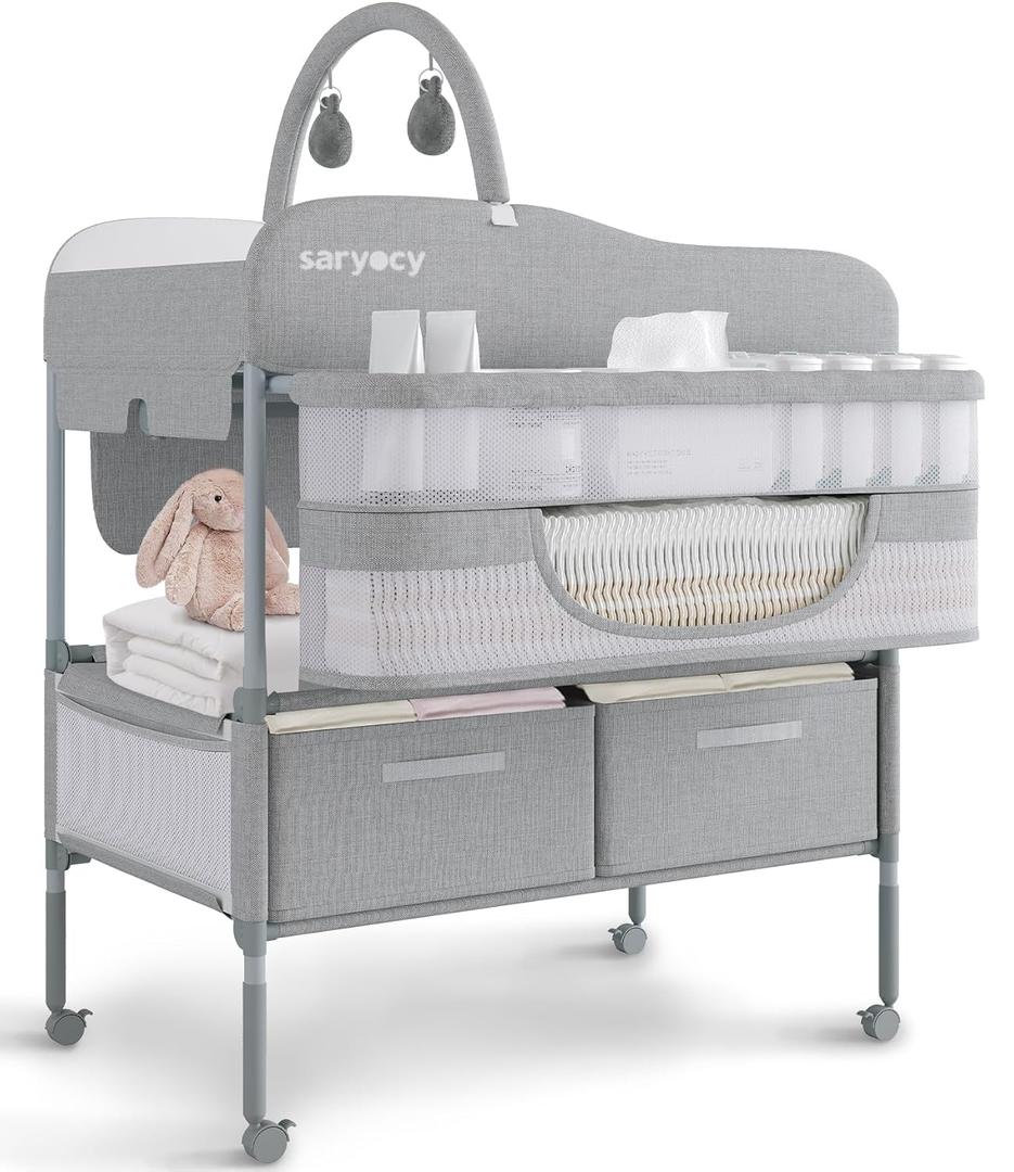 Baby Changing Table, Versatile Folding Changing Table, Waterproof Diaper Changing Station, Adjustable Height with 2 Drawers,Baby Changing Station, Mobile Nursery for Infant and Newborn