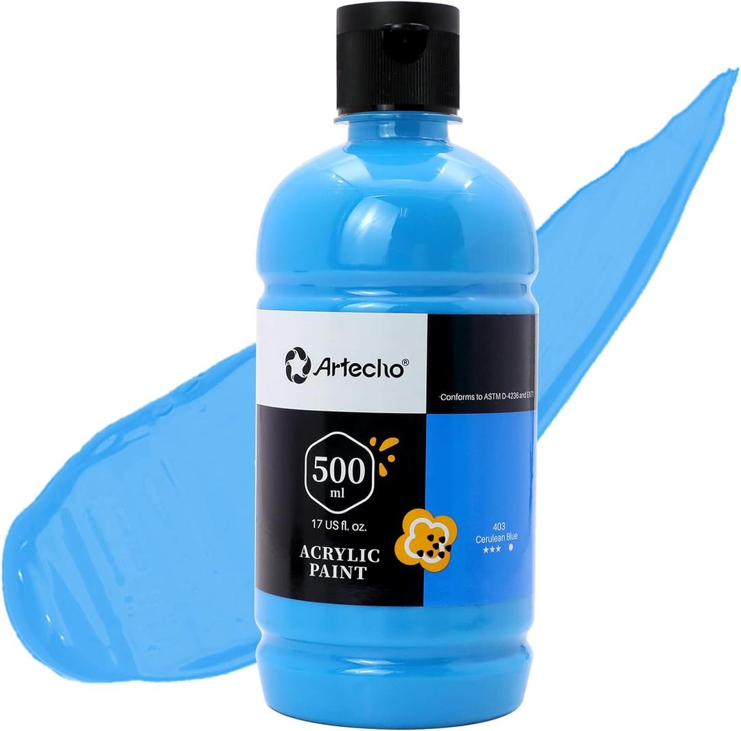 Artecho Cerulean Blue Acrylic Paint - Large Bottle 500ml / 17oz, Craft Paint for Canvas, Rocks, Wood, Fabric, Ceramic, Non-Toxic