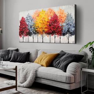 ENTANUB Tree Wall Art for Lving room, Forest Canvas Wall Decor for Bedroom, Red Yellow and Gray Hand Painted Arwork, Large Size 29x59 Inches (59L" x 29W", TREE-4[P])