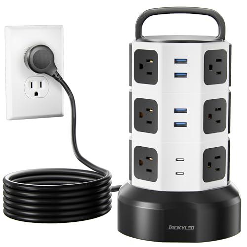 【10ft】 Power Strip Tower JACKYLED Surge Protector Electric Charging Station with 13A 12 Outlets 6 USB Ports Heavy Duty Extension Cord for Home Office Computer Nightstand Laptop Phone White Black