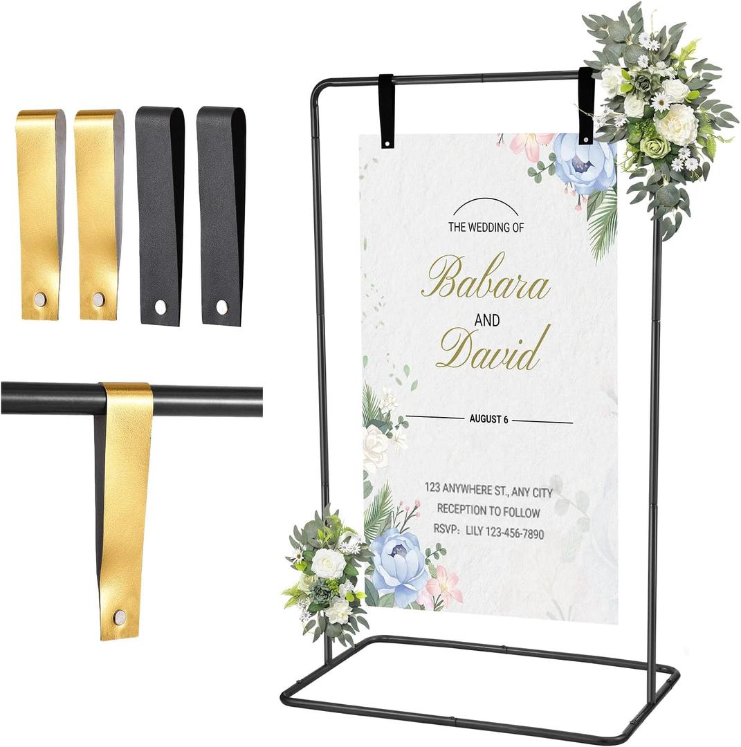 Wedding Welcome Sign Holder, 68"x31"x20" Welcome to Our Wedding Sign Adjustable Display Stand with 4 Leather Hanging Straps, Black Easel Stand Personalized for Valentine Bridal Shower Sign