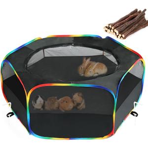 LUCKITTY Small Animal Playpen, Chick Brooder Box, Guinea Pig Hamster Indoor Playpens & Outdoor Pet Cage Tent with Cover Top, for Kitten/Ferret/Hedgehog/Rabbit/Duckling, Black & Rainbow