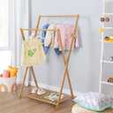 Ufine Bamboo Kids Clothing Rack with Double Hanging Rods & Storage Shelf, Small Dress up Rack for Children Open Wardrobe Costumes Organizer
