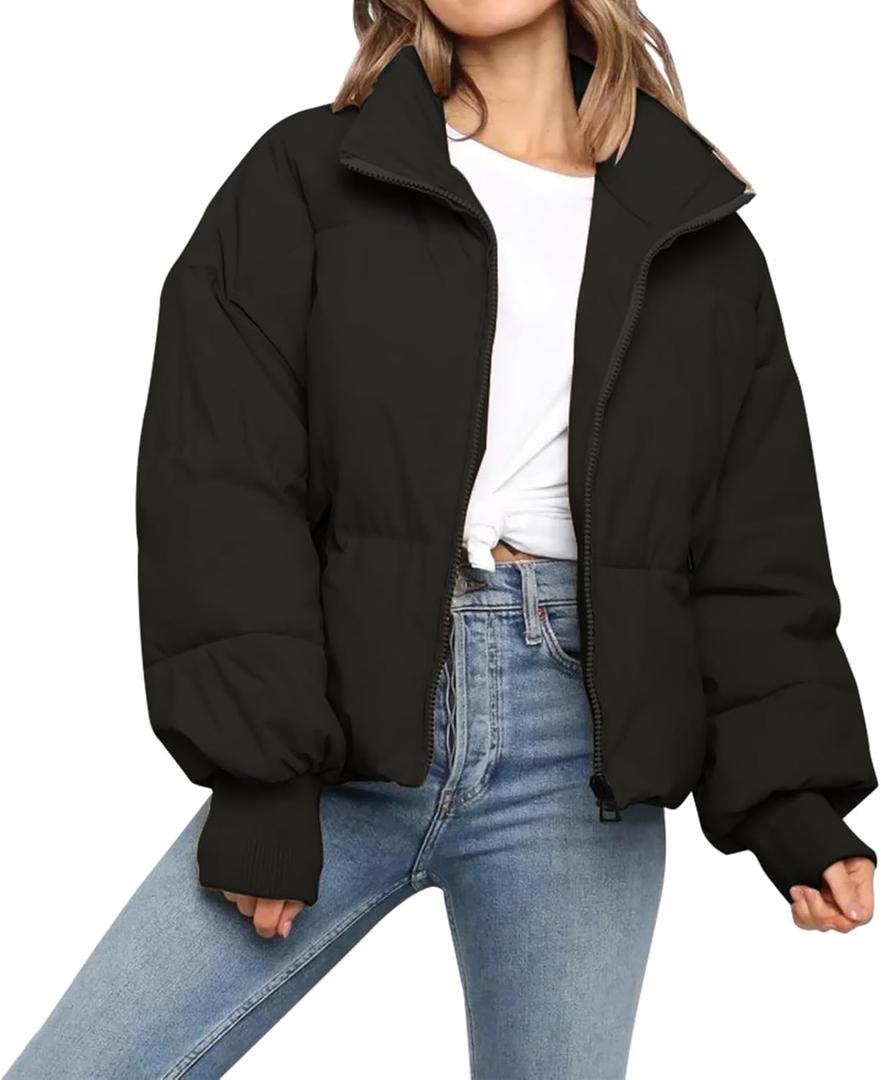 Womens Winter Cropped Puffer Jacket Coat Casual Quilted Baggy Long Sleeve Zip Down Jackets Outerwear (Medium, Black)