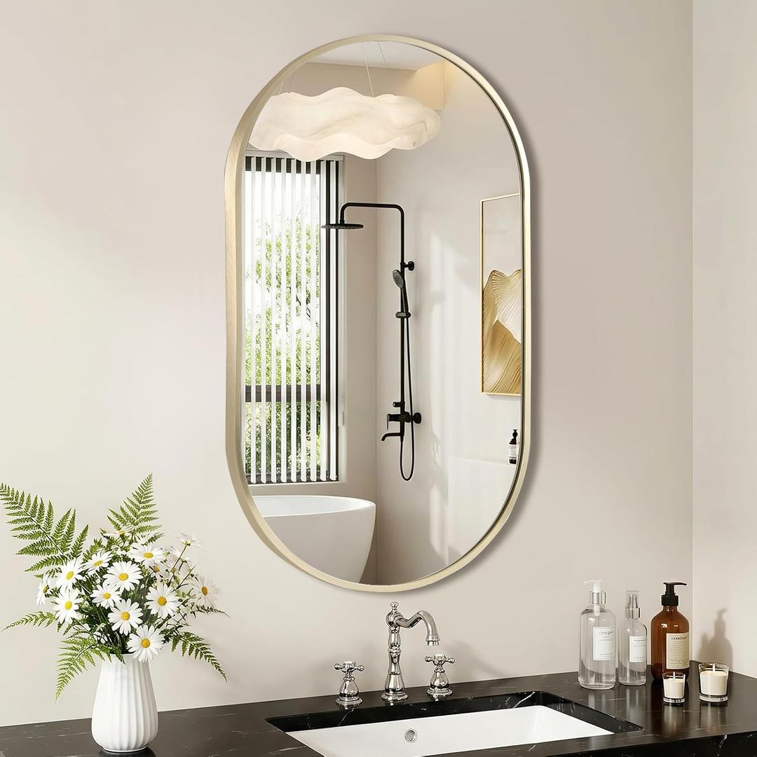 Gold Oval Mirror, 17x30 Inch Oval Bathroom Mirror, Gold Mirror for Wall Decor, Vanity, Entryway, Living Room, Horizontally/Vertically