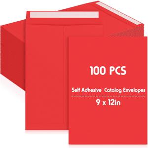 100 Pcs 9'' x 12'' Catalog Envelopes Self Adhesive 32lb Manila Envelopes Kraft Peel & Seal for Secure Mailing Storage Organizing for Office Business Home(Red)