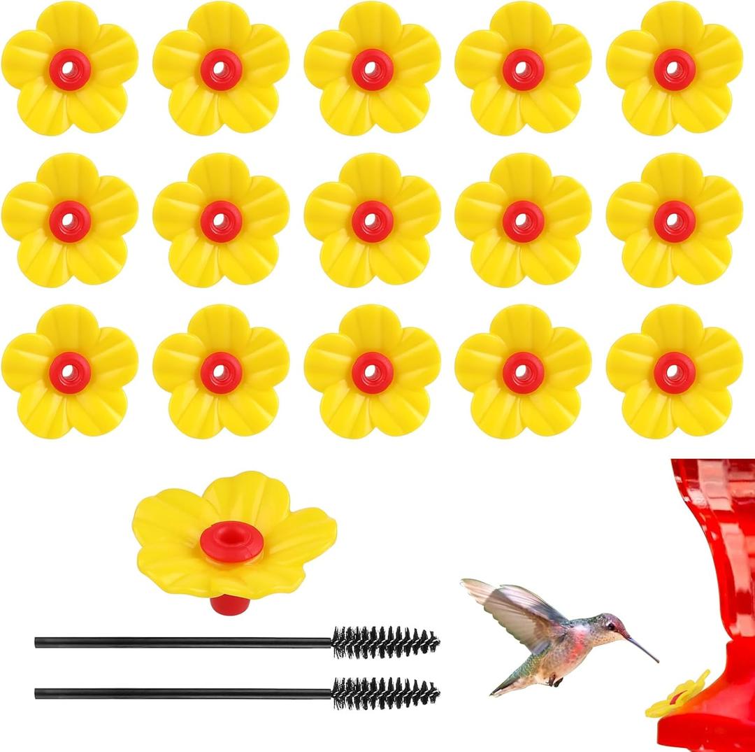 16 Pieces Hummingbird Feeders Replacement Flowers Yellow Pet Replacement Bird Feeder Replacement Parts with 2 PCS Brush Feeding Ports Bee Guards for Hummingbird Feeders for Outdoors Hanging Feeder