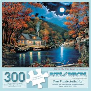 Bits and Pieces - 300 Piece Jigsaw Puzzle for Adults - 18" x 24" - Cabin by The Lake - 300 pc Large Piece Autumn Fall Nighttime Jigsaw by John Zaccheo