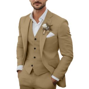 Men's 3 Piece Linen Suits Casual Lightweight Blazer Jackets Vest Pants Set for Wedding Business Prom Suit (Large, Khaqi)