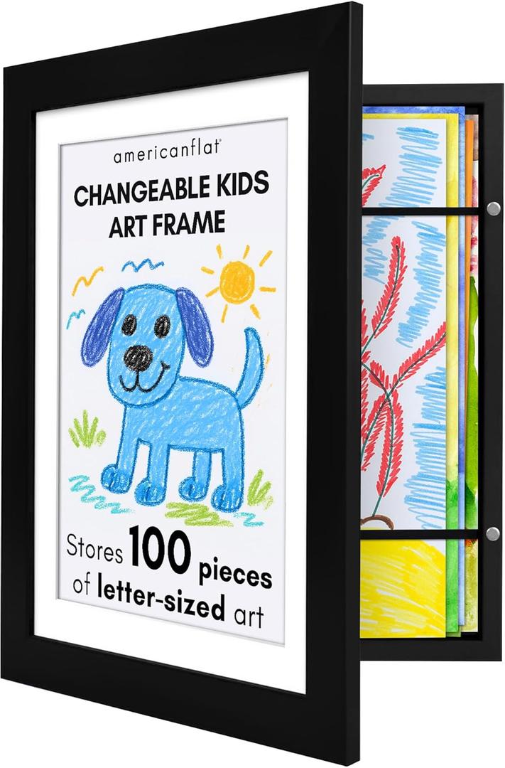 Kids Artwork Frame Changeable (Black) - Magnetic Door Holds 100 Art Pieces - 8.5x11" Letter Size Display with Mat or 10x12.5 Without Mat - My Mini Masterpiece