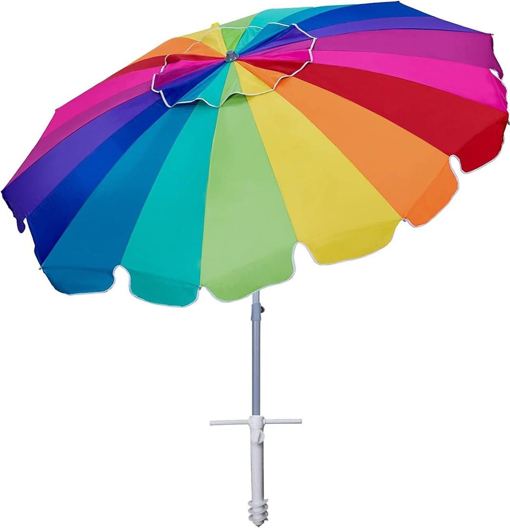 AMMSUN 7.5ft Large Heavy Duty HIGH Wind Beach Umbrella with sand anchor & Tilt Sun Shelter, UPF 50+ Protection Outdoor Umbrellas Sunshade with Carry Bag for Patio Garden Pool Backyard Rainbow