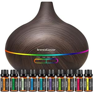 InnoGear Aromatherapy Diffuser & 10 Essential Oils Set, 400ml Diffuser Ultrasonic Diffuser Cool Mist Humidifier with 4 Timers 7 Colors Light Waterless Auto Off for Large Room Office, Dark Wood Grain